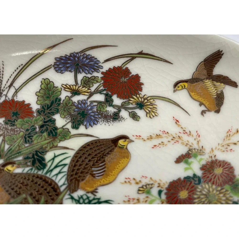 Vintage pedestal pheasants Flowers trinket soap dish porcelain‎ crackle glaze